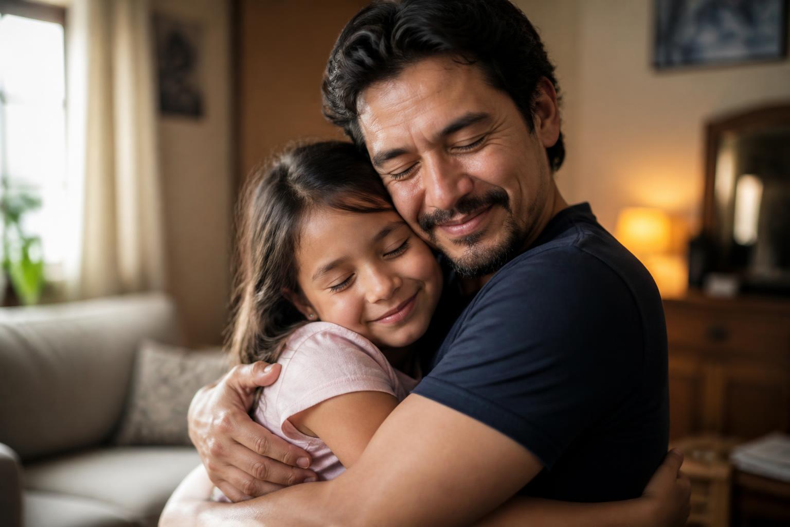 Padre latino abrazando con calma a su hija en casa