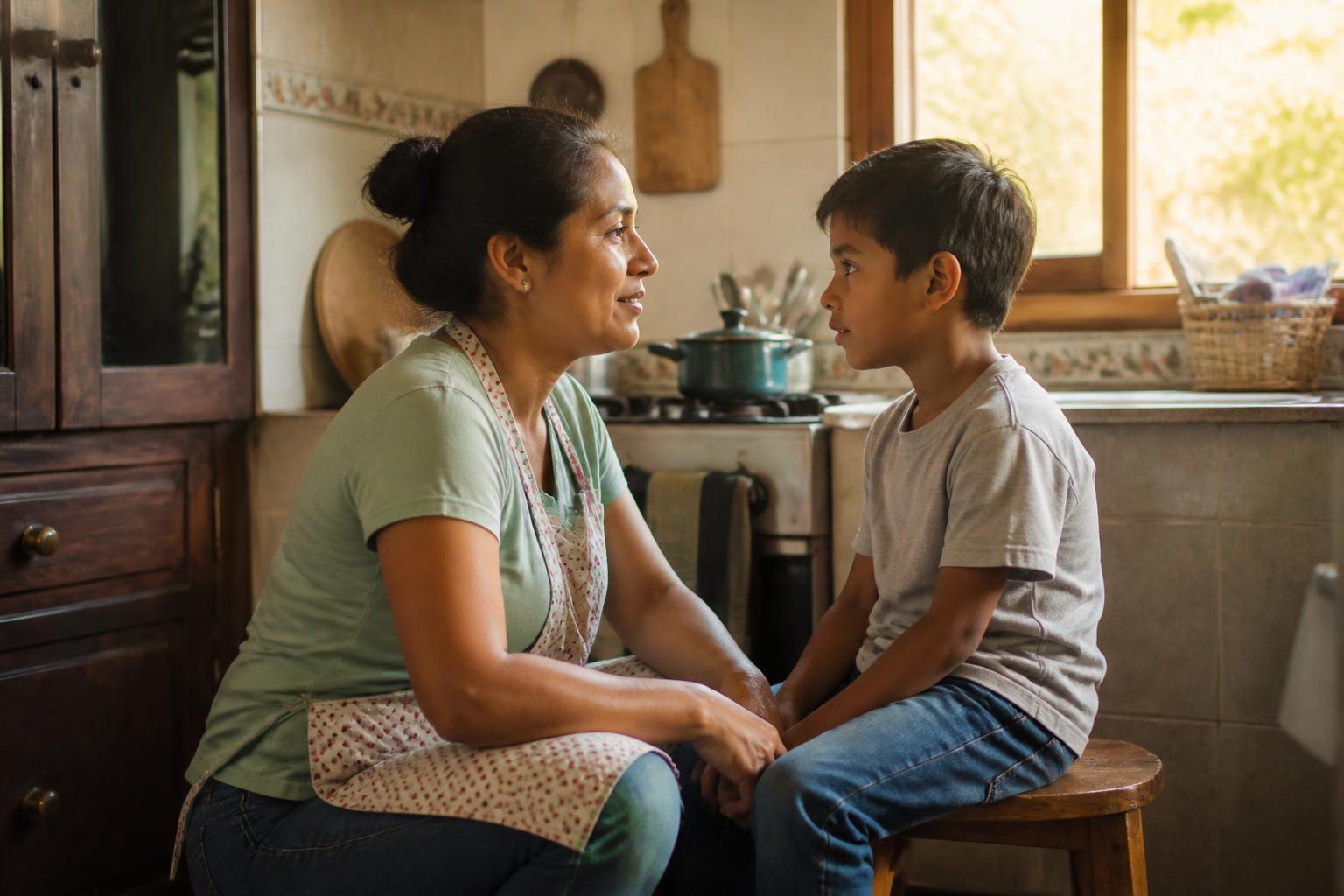 Madre latina conversando con calma con su hijo a la altura de sus ojos