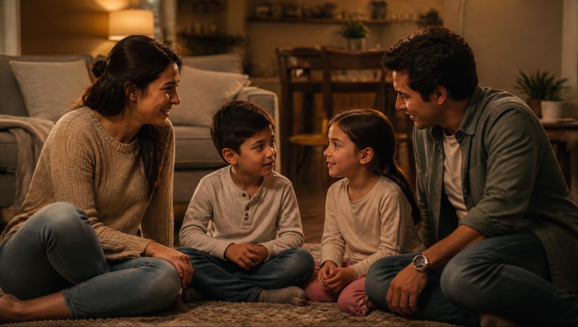 Padre y madre latinos conversando con calma con sus dos hijos en la sala de su casa